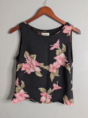 Vintage Silk Neiman Marcus Black Floral Sleeveless Blouse M Medium
